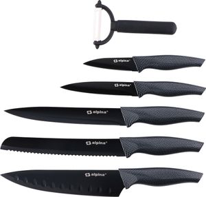 alpina 6 teiliges MesserSet Brot, Fleisch, Allzweck, Schäler und Santoku-Messer - Inklusive Sparschäler alpina 6 teiliges MesserSet Brot, Fleisch, Allzweck, Schäler und Santoku-Messer - Inklusive Sparschäler