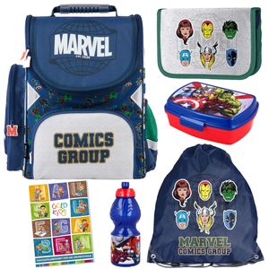 Schulranzen für Jungen und Mädchen, 6er-Set - Schul-Rucksack für Kinder mit Federmäppchen - Schuhbeutel und Hausaufgabenheft - Marvel Avengers Motiv