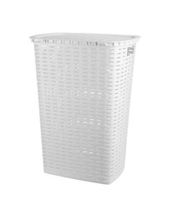Kunststoff Wäschekorb in Rattan Optik 53 Liter - weiß - Wäschebox mit Deckel und Tragegriffen - Wäschetruhe Wäschesammler Wäschetonne mit Griff feuchtraumbeständig