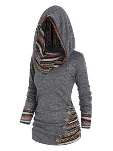 Damen Kapuzenpullover Hooded Tops Böhmen Sweatshirt Casual Ethnic Knit Oberteile Urlaub Grau,Größe M