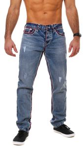 Amica Herren denim Jeans Hose straight leg gerade Passform vintage look mit Kontrastnähte, Grösse:W29, Farbe:Blau / Rot-Weiß-Destroyed