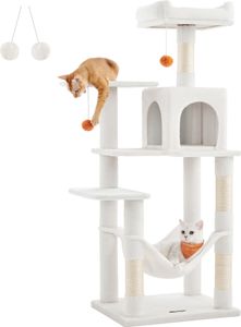 FEANDREA Kratzbaum, 143 cm, Katzenbaum mit Hängematte, cremeweiß PCTDE161T01