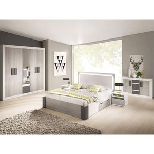 Schlafzimmer-Set Bettgestell Kleiderschrank Nachttisch Kommode Helios III mit Superb-Matratze (Weiß/Kathult+Grau)