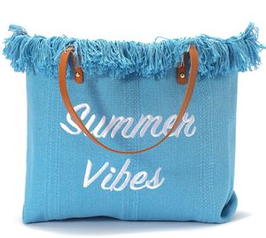Große Canvas Strandtasche mit Fransen und Schriftaufzug „Summer Vibes“ - Blau