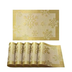 6er Platzdeckchen weihnachtlich platzsets Tischmatten aus PVC Abgrifffeste Hitzebeständig Abwaschbar WeihnachtenTischsets, Gold Schneeflocke, Rechteck, 6