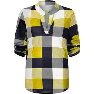 Damen Kariertes Bluse Casual 3/4 Ärmel Kurzarm Hemdbluse Herbst Plaid Shirt Longshirt Gelb,Größe:EU