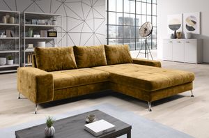 FURNIX Schlafsofa BOEVIO Eckcouch L-Form Couch Sofa ausziehbar mit Schlaffunktion Bettkasten und Kissen BRAUN GOLD KR 01