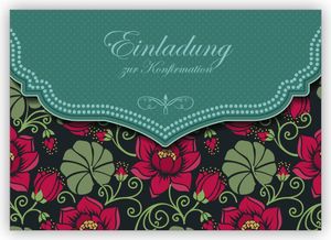 Traumhafte Retro Einladungskarte mit Vintage Seerosen Muster in grün für Mädchen: Einladung zur Konfirmation
