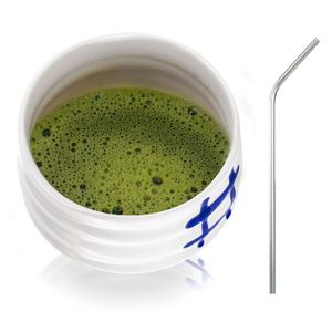 Japanische Schüssel Chawan Weiß + 4 Trinkhalme aus Edelstahl