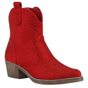VAN HILL Damen Cowboy Boots Stiefeletten Spitze Strass Western Schuhe 840903, Farbe: Rot, Größe: 37