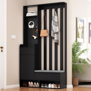 MODFU Garderobensets gepolsterter Aufbewahrungsbank, , multifunktionaler Schuhschrank mit 4 Haken für Flur,H180/B100/T35 cm, Schwarz