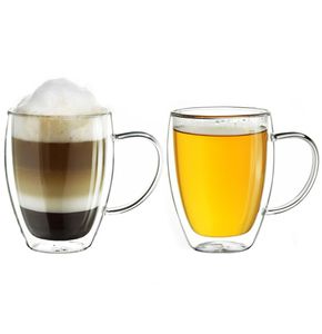 Creano doppelwandiges Thermoglas mit Henkel 250ml, großes Doppelwandglas aus Borosilikatglas, Kaffee-/Teeglas, 2er Set