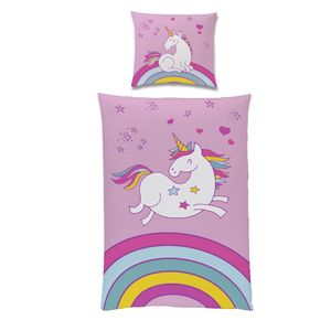 Einhorn Bettwäsche Set für Mädchen · Kinderbettwäsche 135x200 80x80 cm aus 100% Baumwolle · Motiv mit Pummel-Einhorn, Regenbogen und Herzen