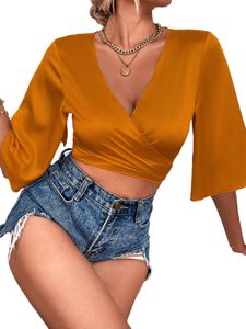 Damen Blusen V-Ausschnitte Tshirt Crop Top Sommer Shirts Elegant Oberteile Gelb,Größe Xl