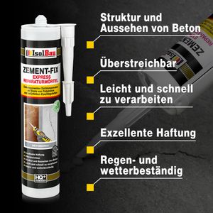 Isolbau Zement-Fix 4 x 300 ml Betongrau Express Reperaturmörtel - Dichtungsmasse für Fugen & Risse im Innen- & Außenbereich, Kartusche
