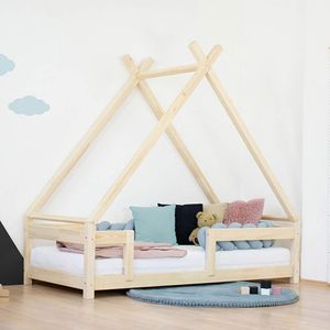 Benlemi Dětská domečková postel TAHUKA ve tvaru týpí s bezpečnostní zábranou 140x200 cm Přírodní Imitace bez laku