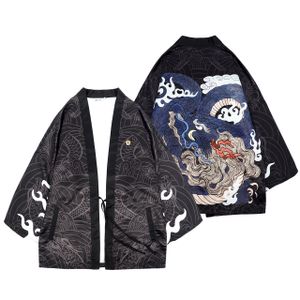 Kimono Jacke mit japanischem Drachen Motiv | traditioneller Japan Haori Umhang | mit asiatischem Motiv | Schwarz | Größe: S/M