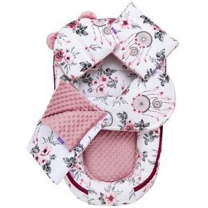 JUKKI® Baby Nest 5ks MINKY SET pre novorodencov [Summer Dream + Old Pink Minky] 2 strany 100x55cm detské hniezdo + matrac + deka + 2xpoduška