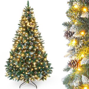 Yorbay Künstlicher Weihnachtsbaum 180CM mit Beleuchtung und weißem Schnee, LED Tannenbaum für Weihnachten-Dekoration mit Tannenzapfen
