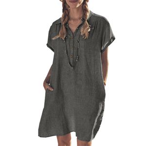 Lockere Passform Hemdkleid Lässiges Sommer Hemdkleid aus Baumwolle, Farbe: Grau,Größe:3XL