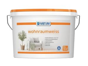 10 L. Wandfarbe Weiss matt Wohnraumweiss gute Deckkraft für ca. 70 m² Farbturm