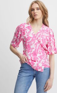 ICHI IHREGINE SS Damen kurze Bluse Kurzarm Wickelbluse mit Muster und seitlicher Bindung Regular Fit