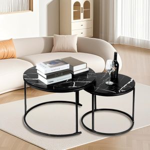 Couchtisch Rund,Satztisch 2er Set,Schwarz Marmor Couchtisch mit Metallgestell,Stapelbar Beistelltisch Set,Sofatisch für Wohnzimmer,Schlafzimmer,Balkon