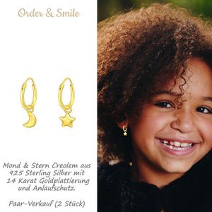 Kinder Creolen: Goldene Ohrringe Silber 925 „Mond & Stern“