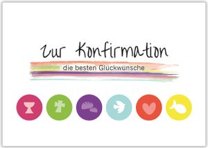 Moderne Grusskarte mit christlichen Symbolen in Regenbogen Farben "Zur Konfirmation die besten Glückwünsche"