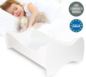 Alcube Kinderbett 70x140 mit Matratze Lattenrost und Rausfallschutz MDF MASSIVHOLZ Juniorbett Jugendbett - Weiß
