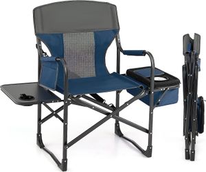 GOPLUS Campingstuhl Faltbar, Klappstuhl Gepolstert mit Seitentisch & Seitenfach & Kühltasche, Angelstuhl Faltstuhl mit Armlehnen 180 belastbar (Blau)