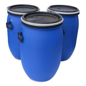 3 x 60 L 60 Liter Spannfass Kunststofftonne Fass Tonne mit Deckel Spannring Farbe blau, gebr. (3x60 Spann)
