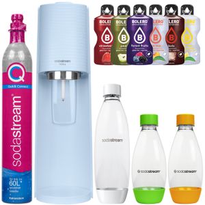 SodaStream Wassersprudler Terra Blue  + 1 Weiße 1L Flasche + 2 0.5 L Grün/Orange Flaschen + Bolero