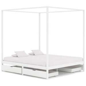 Schlafzimmermöbel - ELEGANTE - Bettrahmen - Himmelbett-Gestell 4 Schubladen Weiß Kiefernholz für 160x200cm Matratze&15743