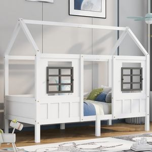 Sweiko Kinderbett Hausbett mit 2 Fenstern und Rausfallschutz mit Lattenrost Massives Kiefernbett Einzelbett 90x200 cm Weiß