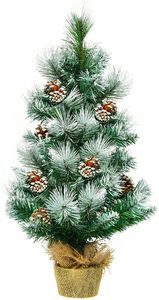 künstlicher Weihnachtsbaum 60cm, Tisch Weihnachtsbaum mit Stabiler Zementbasis, Mini Tannenbaum mit Schnee und Kiefernzapfen, Kunstbaum Weihnachten 34 Spitzen PVC Nadeln