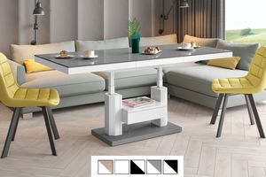 Design Couchtisch Tisch mit Schublade HM-120 Hochglanz stufenlos höhenverstellbar ausziehbar Esstisch, Farbe:Grau Hochglanz / Weiß Hochglanz