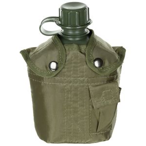 MFH | US Plastikfeldflasche | 1 Liter | oliv | BPA-frei | Trinkflasche inkl. Hülle