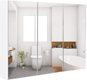 Goplus 3 Tür Spiegelschrank 90x11x65cm, Wandschrank mit Spiegel, Badezimmerschrank, Hängeschrank Badezimmer, Badspiegel
