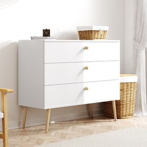 Bettso Kommode mit 3 Schubladen Moderne Sideboard im skandinavischen Stil auf Holzbeinen Griffe aus Jute für Wohnzimmer Schlafzimmer 100 cm IKON Weiß