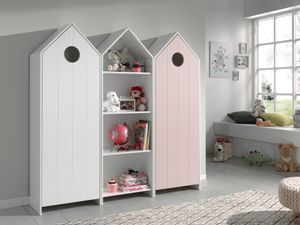 Třídílná sada CASAMI se skládá z: 1-dveřová skříň s čelem v bílé barvě, policová skříň, 1-dveřová skříň s čelem v růžové barvě