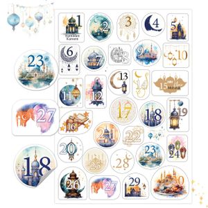 Eid Mubarak Aufkleber Set - Glänzende Ramadan Sticker. 30er Set zur Dekoration & Kalendergestaltung, Eid Mubarak & Ramadan Kareem Motive, Stark Haftend