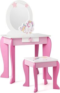 COSTWAY Detský toaletný stolík so stoličkou, toaletný stolík pre princezné so zásuvkou a odnímateľným zrkadlom, toaletný stolík ružový, toaletný stolík pre dievčatá od 3 do 7 rokov (ružový)