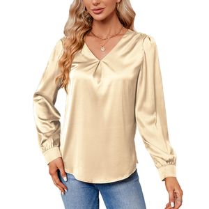 Damen Hemden V-Ausschnitt Satin Tunic Shirt Casual Elegantes Langarm Button Bluse  Sekt,Größe:L