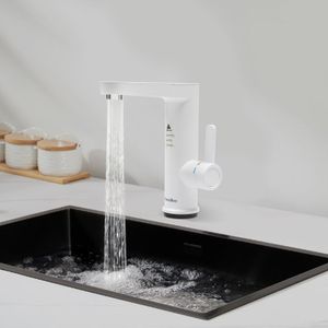 3200W Elektrisch Wasserhahn mit LED Temperaturanzeige 30-60℃ Waschtischarmatur Edelstahlrohr Heißwasserhahn (weiß) für Küche Bad
