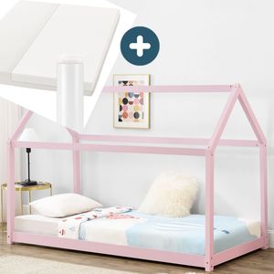Juskys Kinderbett Carlotta 90 x 200 cm mit Matratze, Lattenrost & Dach - Hausbett aus Massivholz Kiefer - Mädchen - Bett in Rose
