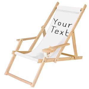 Holz-Liegestuhl Klappbar Klappliegestuhl mit Armlehne und Getränkehalter Strandstuhl Motiv Bedrucken Weiß Dein Logo / Text [119]