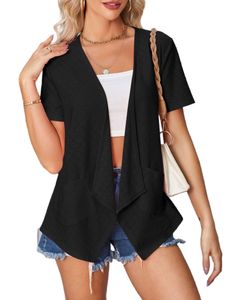Damen Strickjacken Sommer Kurzarm Einfarbig mit Taschen Shirt Leichte Cardigans Schwarz,Größe XL