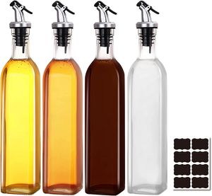 KEPEAK 4 Stück Ölflasche mit Ausgießer, Essig- und Ölflaschen-Set, Ölglasflasche mit Etiketten, Ölspender, Saucenspender für Küche, BBQ, Kochen, Grillen