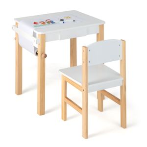Dětský psací stůl COSTWAY se židlí, dětský psací stůl se zásuvkou, rolí papíru a 2 fixy, bílý